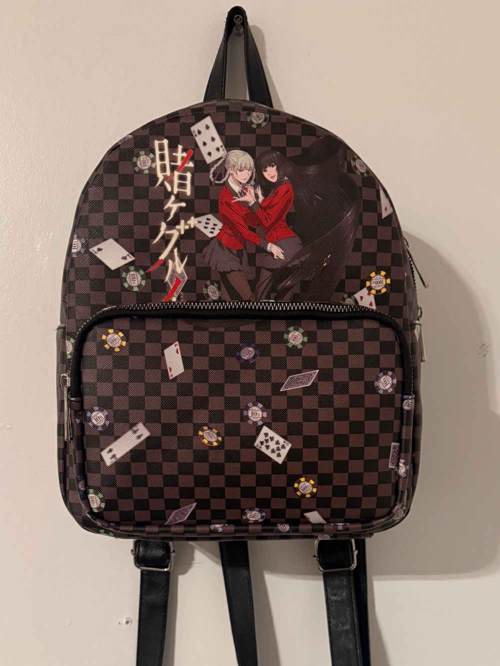 Kakegurui Anime Brown Checkered Mini Backpack with Card Motif